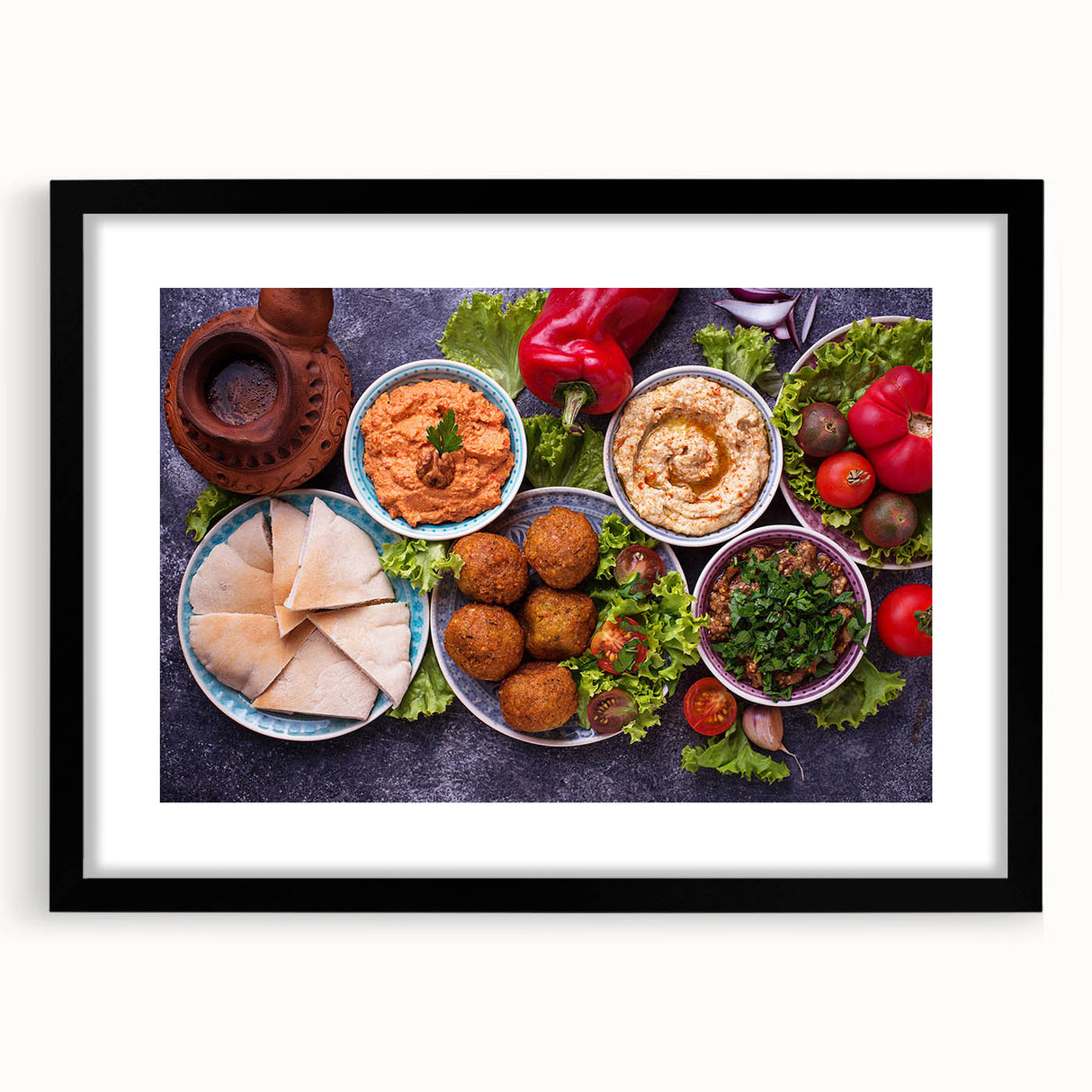 Extra large abstract art print of a Middle Eastern scenery in vibrant colors on textured canvas, framed in black.