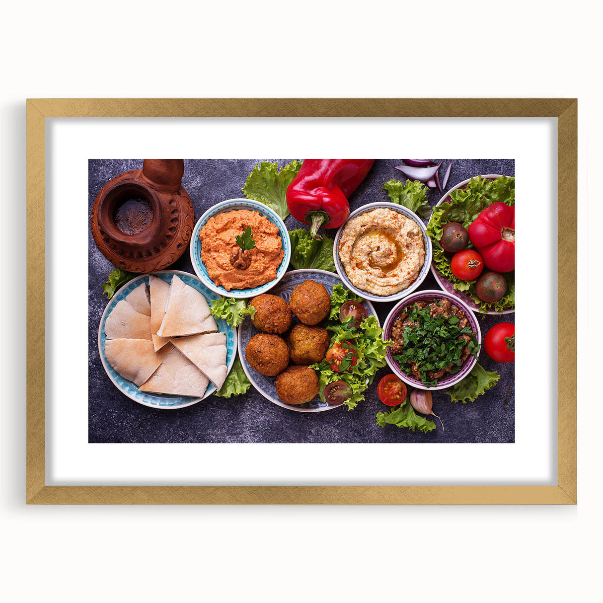Extra large abstract art print of a Middle Eastern scenery in gold frame with mat.