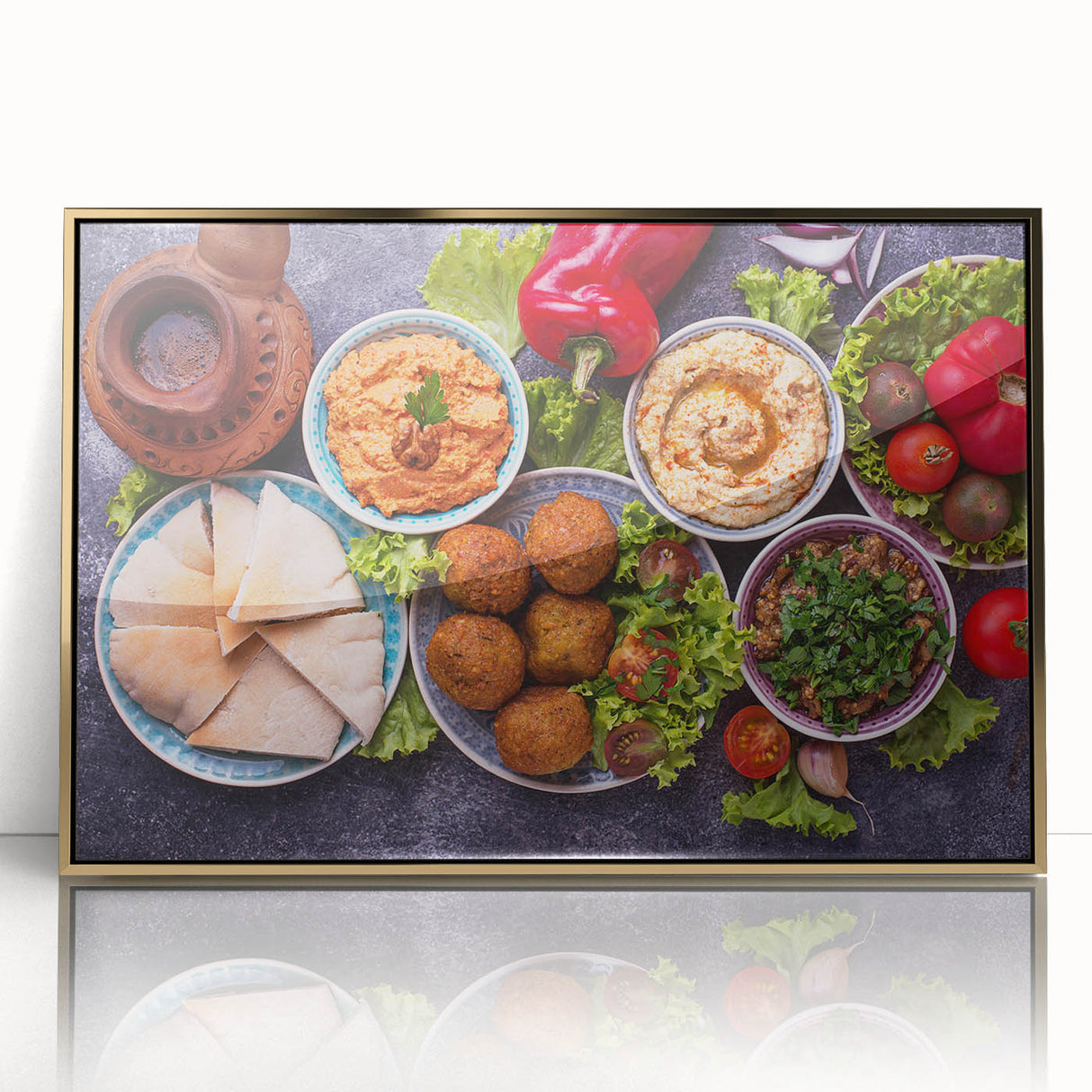 Large acrylic print of a mid-century modernist Israeli scenery in gold and muted earth tones.