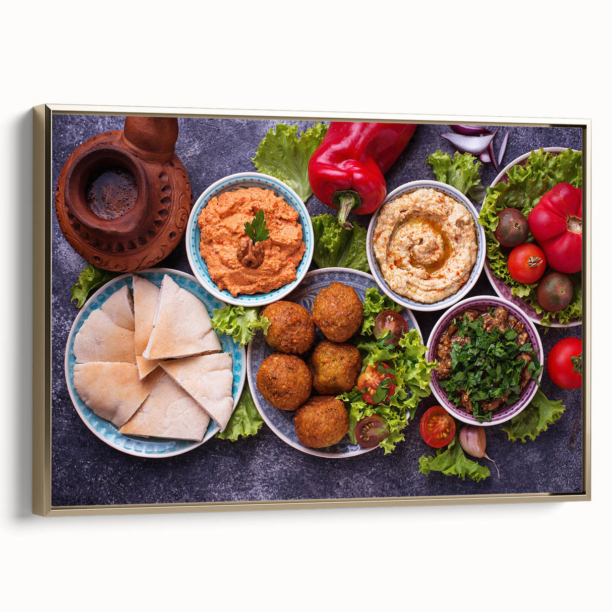 Framed canvas featuring a vintage-style landscape painting of a Middle Eastern scenery in muted gold and black tones.