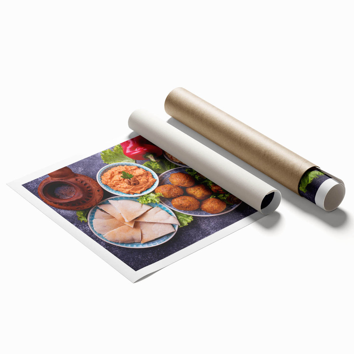 Extra large rolled print of a Middle Eastern scenery with vibrant floral elements, ideal for classy bathroom wall art.