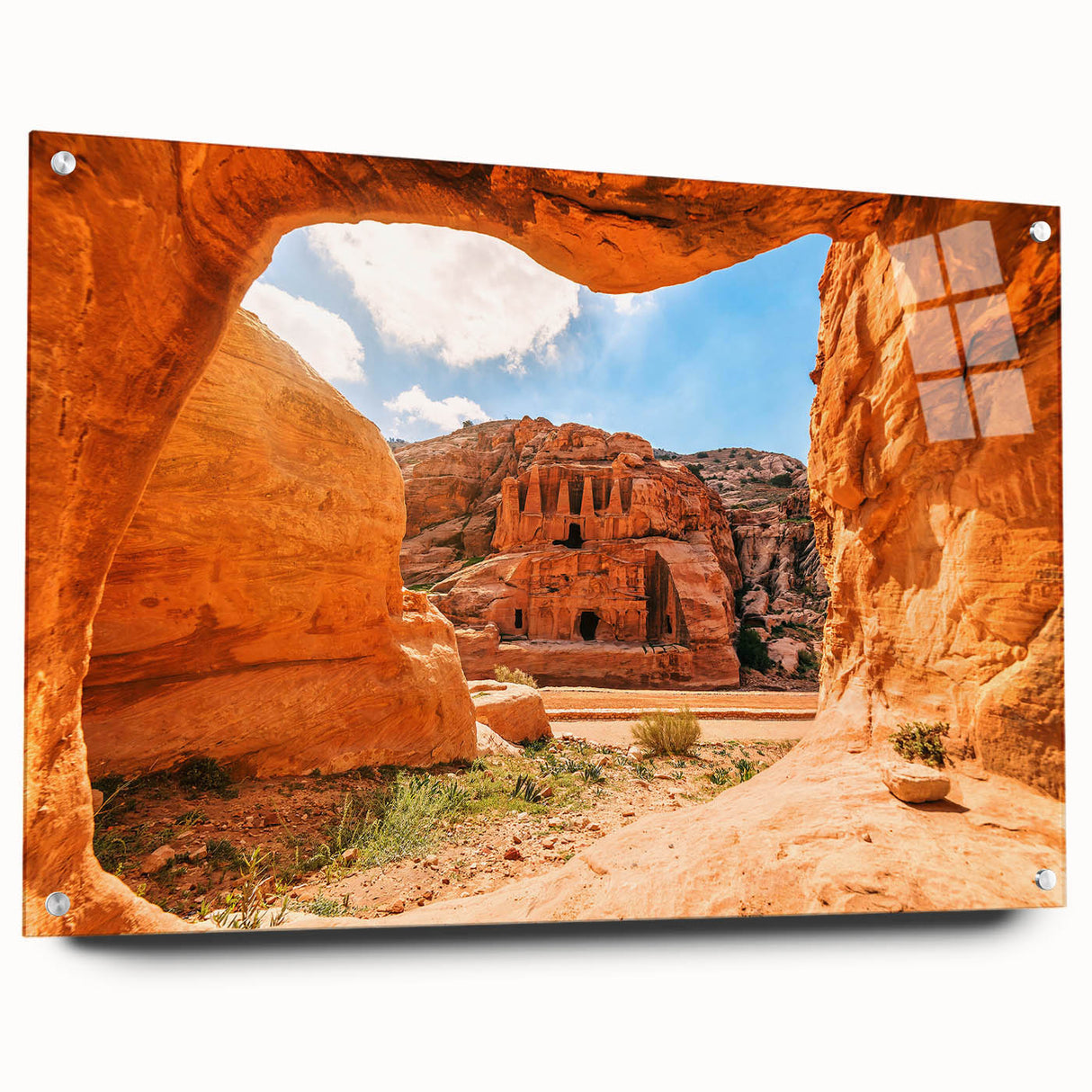 Acrylic print of a Middle Eastern Jordanian landscape in earth tones, suitable for dining room decor.