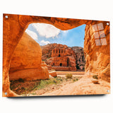 Acrylic print of a Middle Eastern Jordanian landscape in earth tones, suitable for dining room decor.