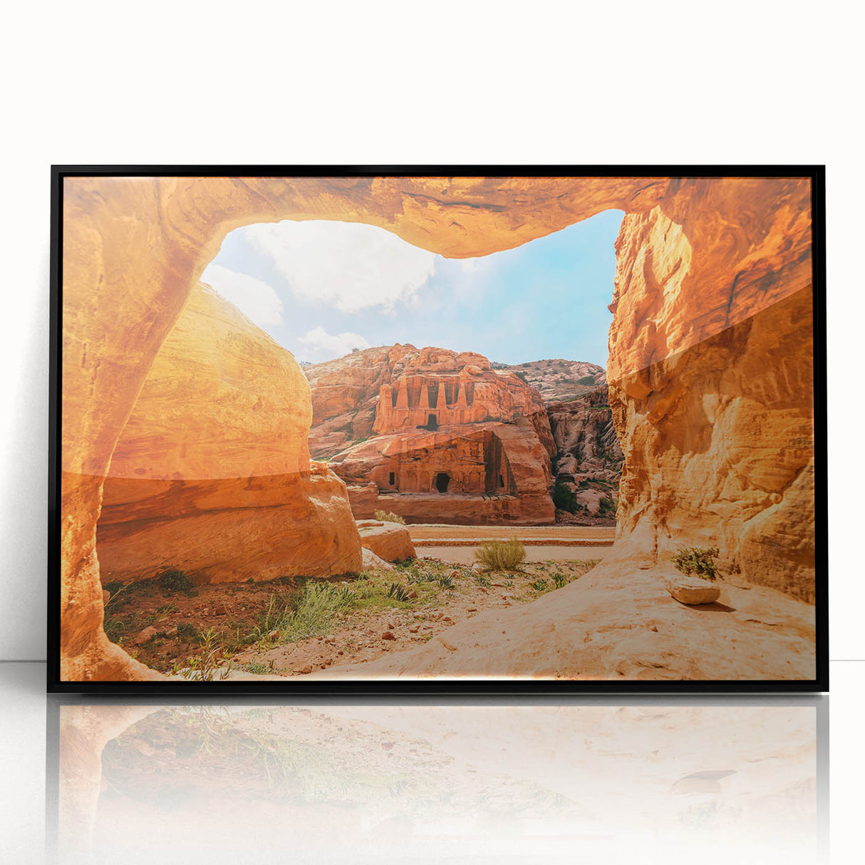 Large abstract wall art depicting a Middle Eastern Jordanian landscape in muted earth tones on framed acrylic.