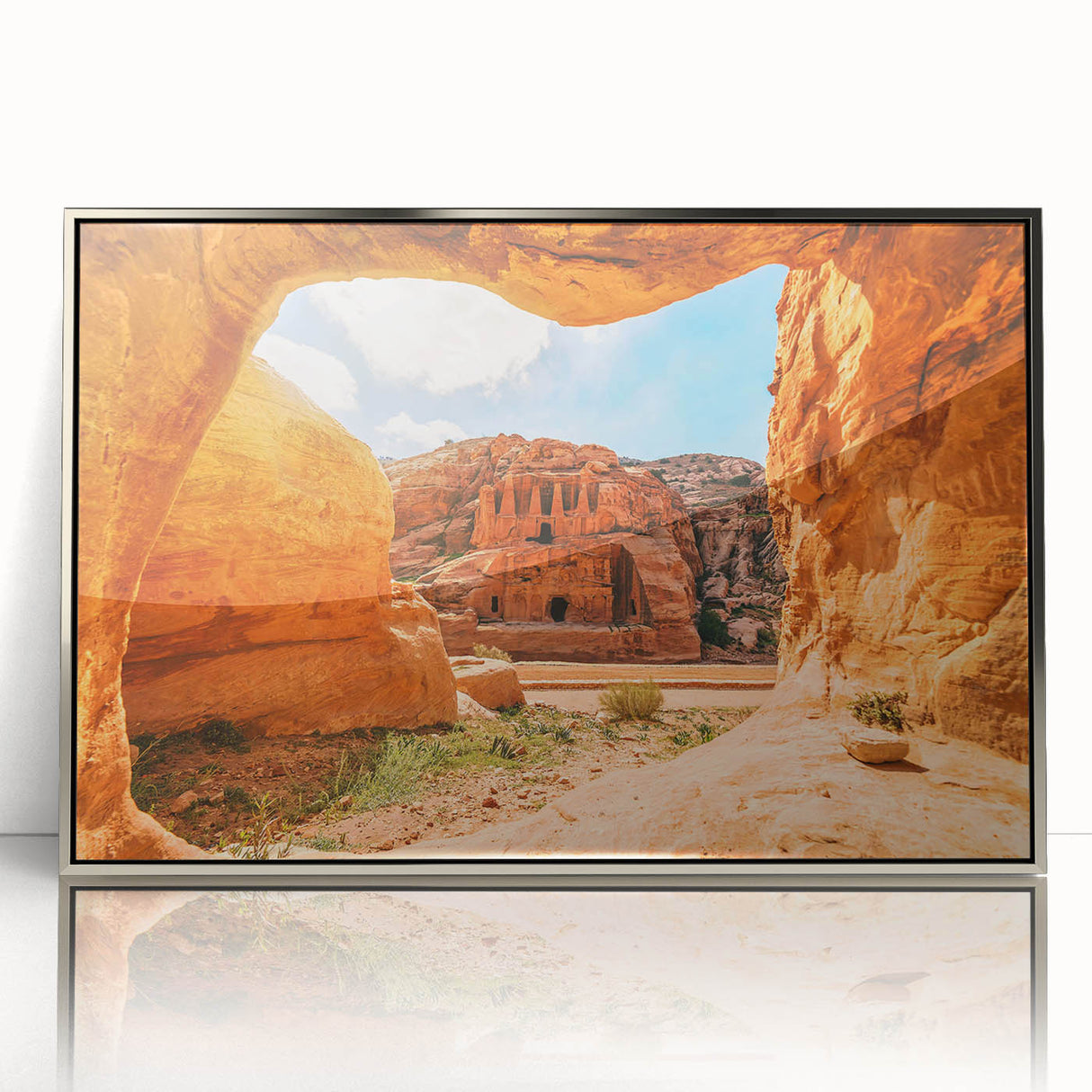 Mid-century modernist art depicting a Jordanian landscape in muted earth tones, framed in acrylic.