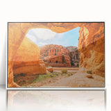 Acrylic print of Jordanian landscape in muted earth tones, framed in white, suitable for modern art wall decor.