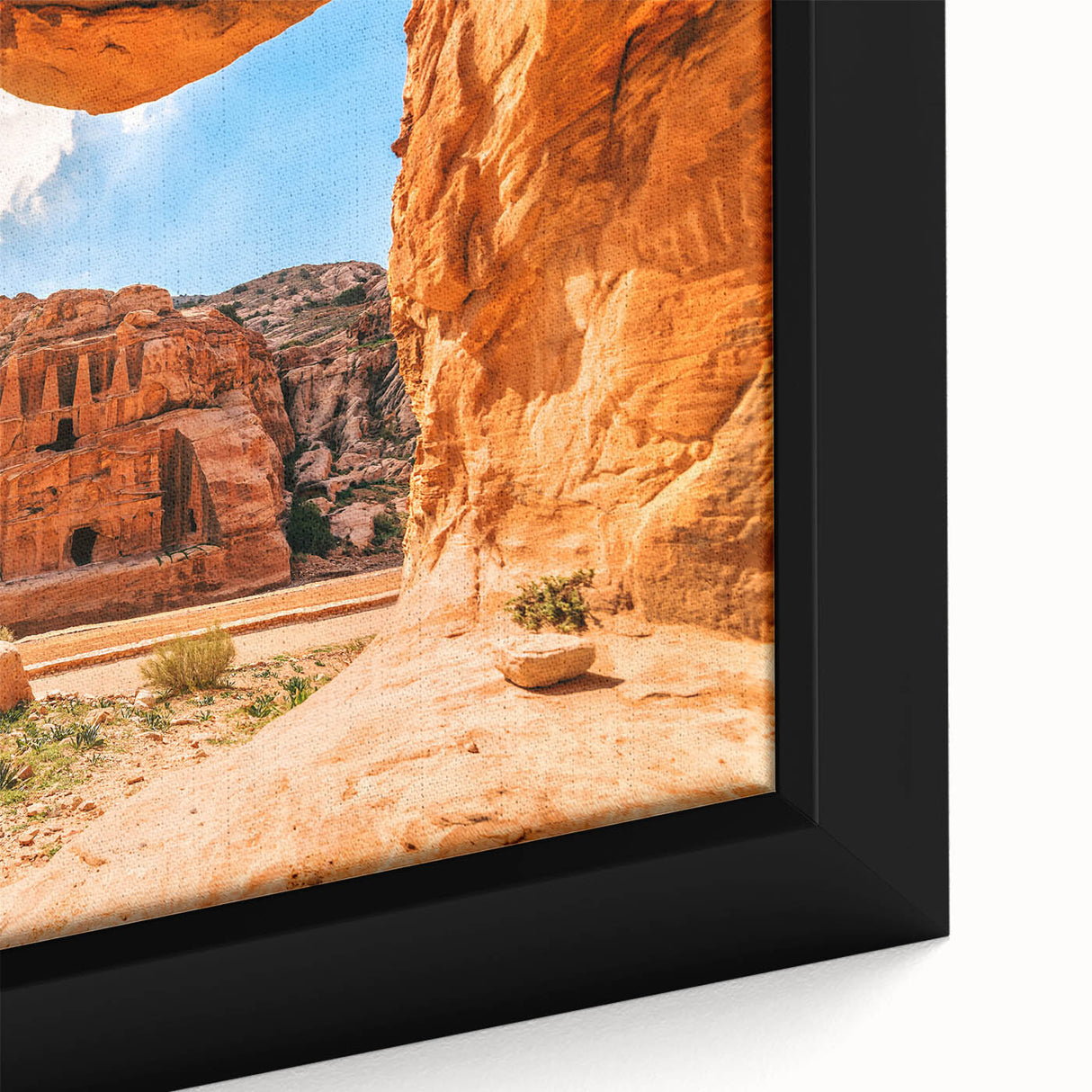 Extra large framed canvas featuring a textured black wall art scene of a Middle Eastern landscape in vibrant colors.