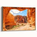 Framed canvas depicting a vintage-style landscape of Jordan, featuring earthy tones and black accents.