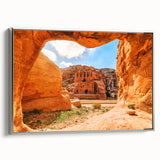 Landscape art painting of a Middle Eastern scenery, displayed on a silver-framed canvas, featuring a palette of earth tones.