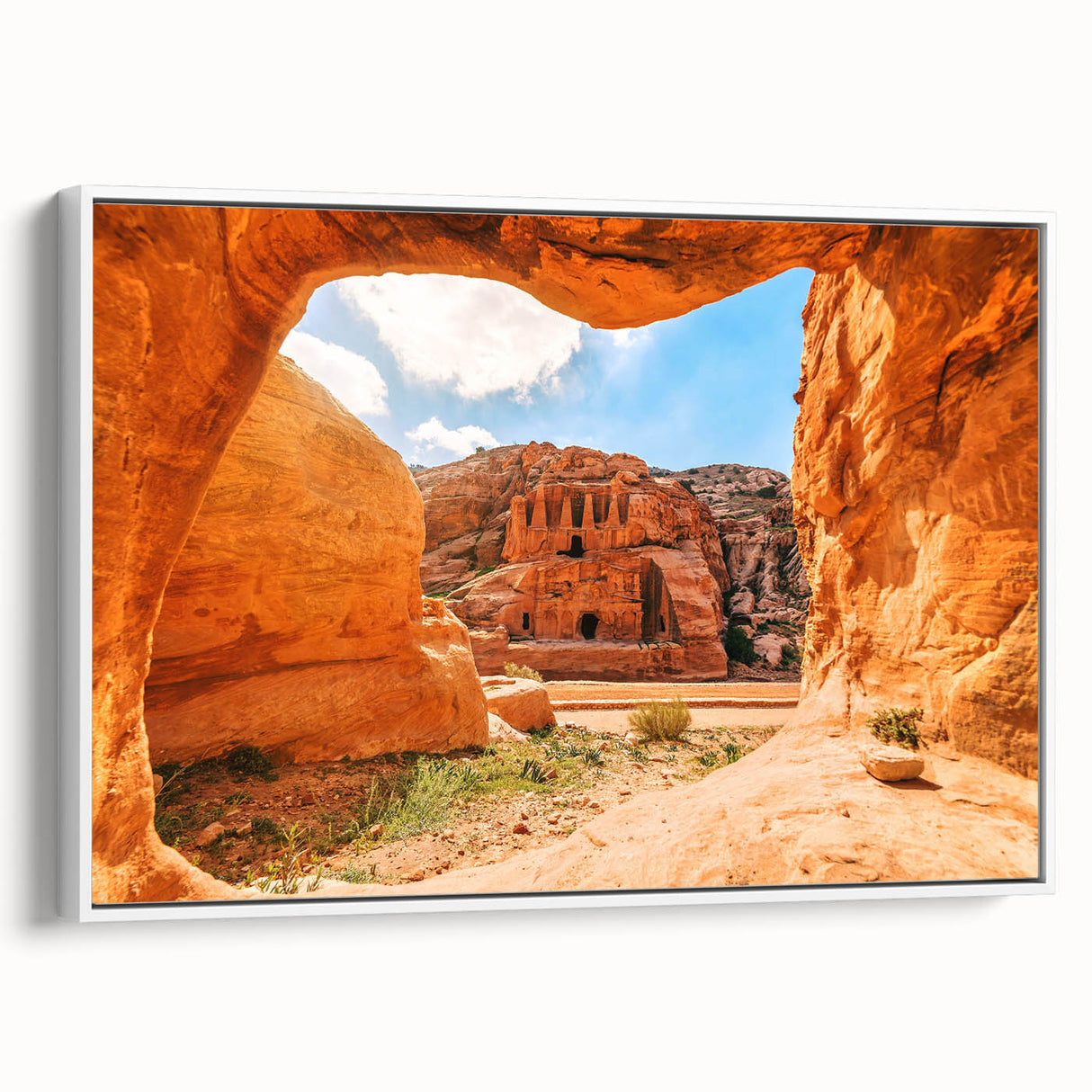 Vintage poster art of a Middle Eastern Jordanian landscape on a framed canvas, featuring muted earth tones.