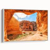 Vintage poster art of a Middle Eastern Jordanian landscape on a framed canvas, featuring muted earth tones.