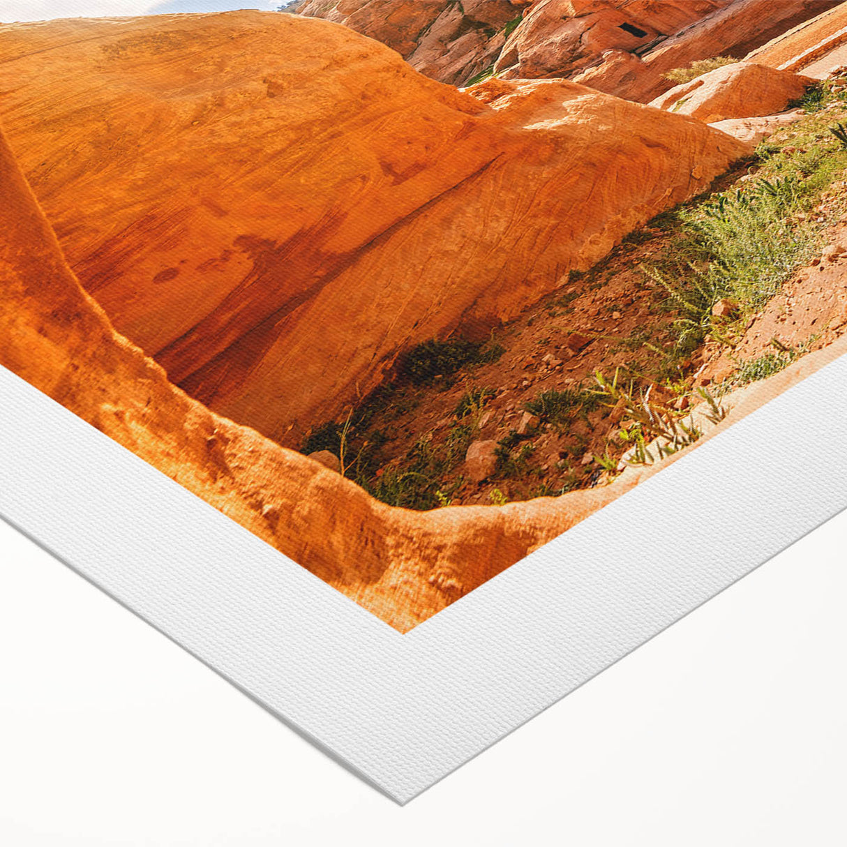 Art deco poster of a Jordanian landscape with muted earth tones on rolled canvas, suitable for dining room decor.