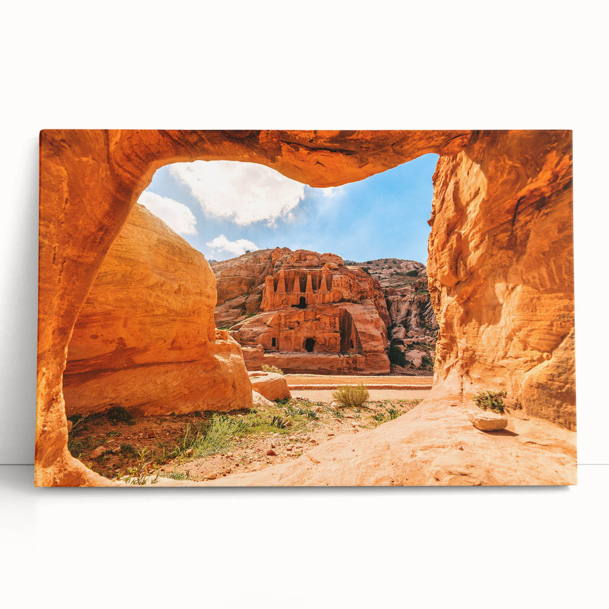 Black and white stretched canvas featuring a scenic view of Jordan, ideal for kitchen wall art or bedroom ambiance.