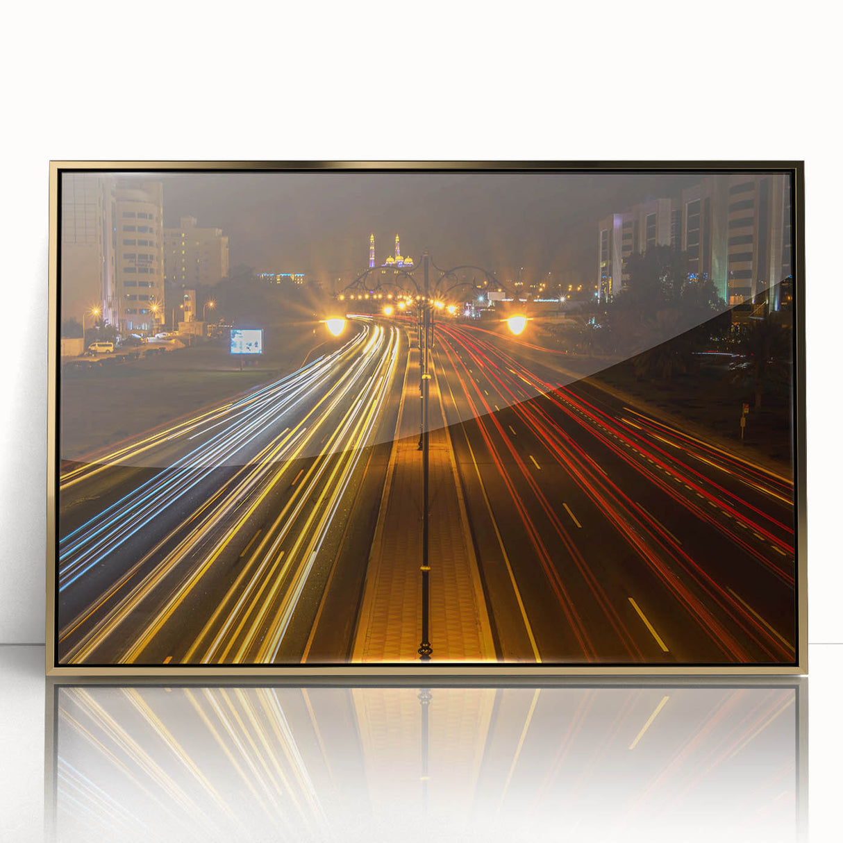 Acrylic print of a Middle Eastern Oman landscape in muted gold tones, framed, ideal for modern art wall decor.