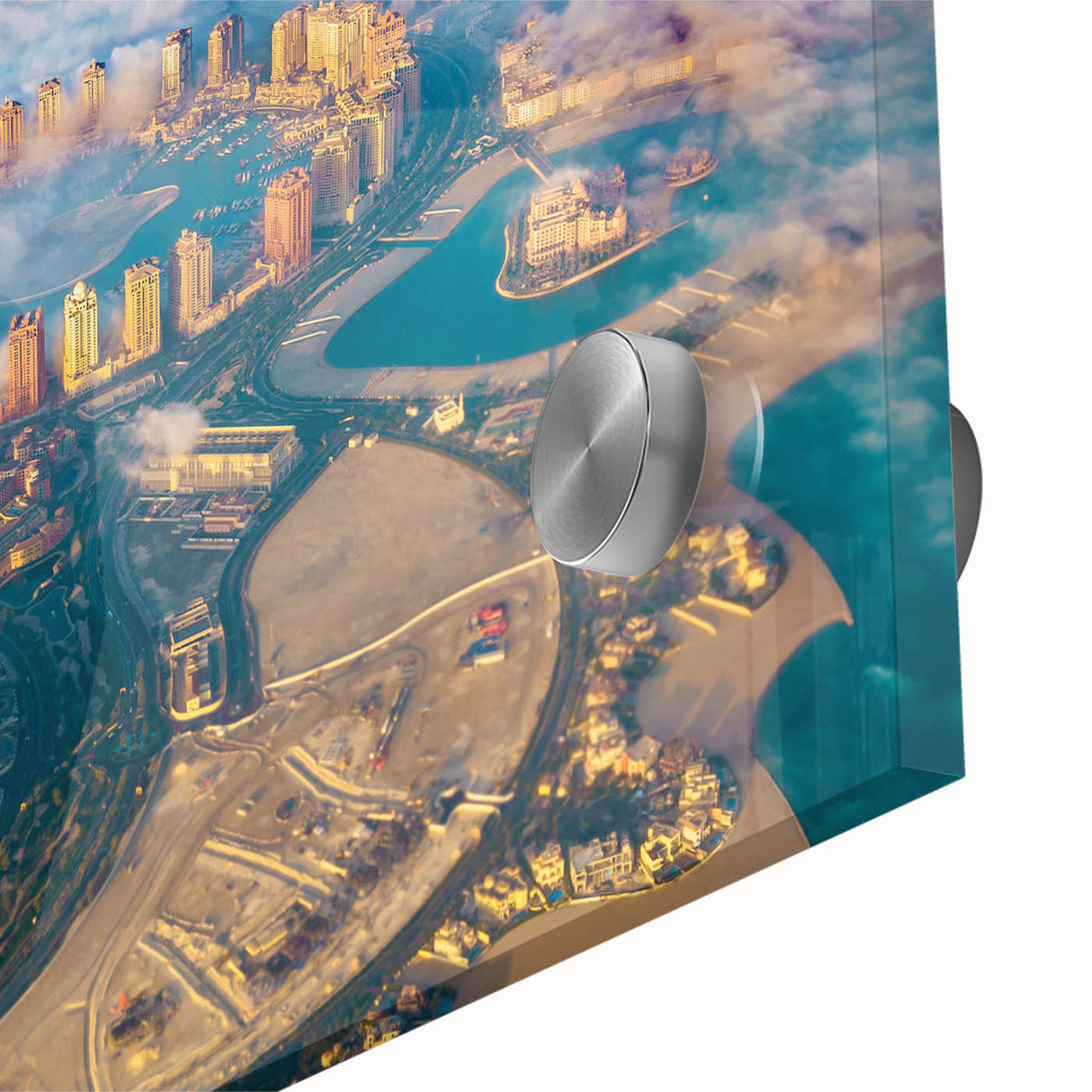 Large abstract wall art depicting a Qatar scenery in muted earth tones on acrylic glass, suitable for dining room ambiance.