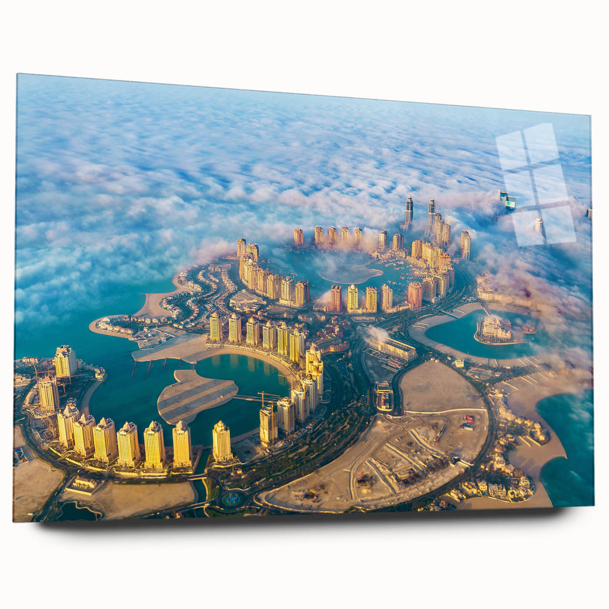 Large abstract wall art of a Qatar scenery on acrylic glass, with muted earth tones, ideal for bedroom or dining room decor.