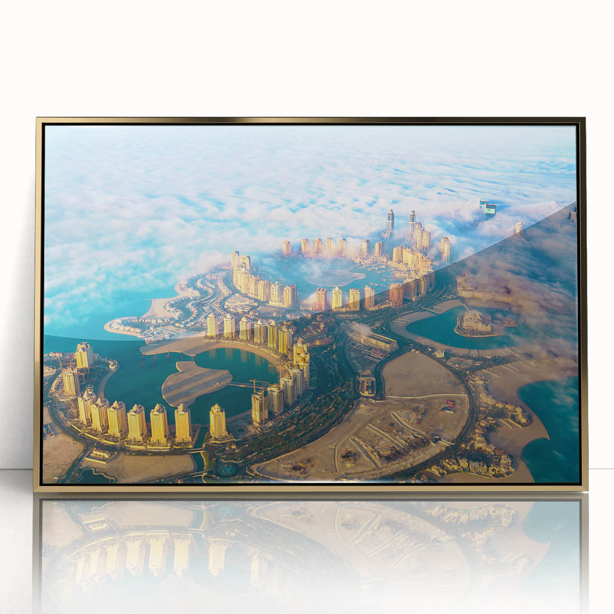 Mid-century modernist style large art print of a Qatar scenery in gold tones on framed acrylic.
