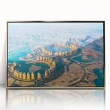 Mid-century modernist style large art print of a Qatar scenery in gold tones on framed acrylic.