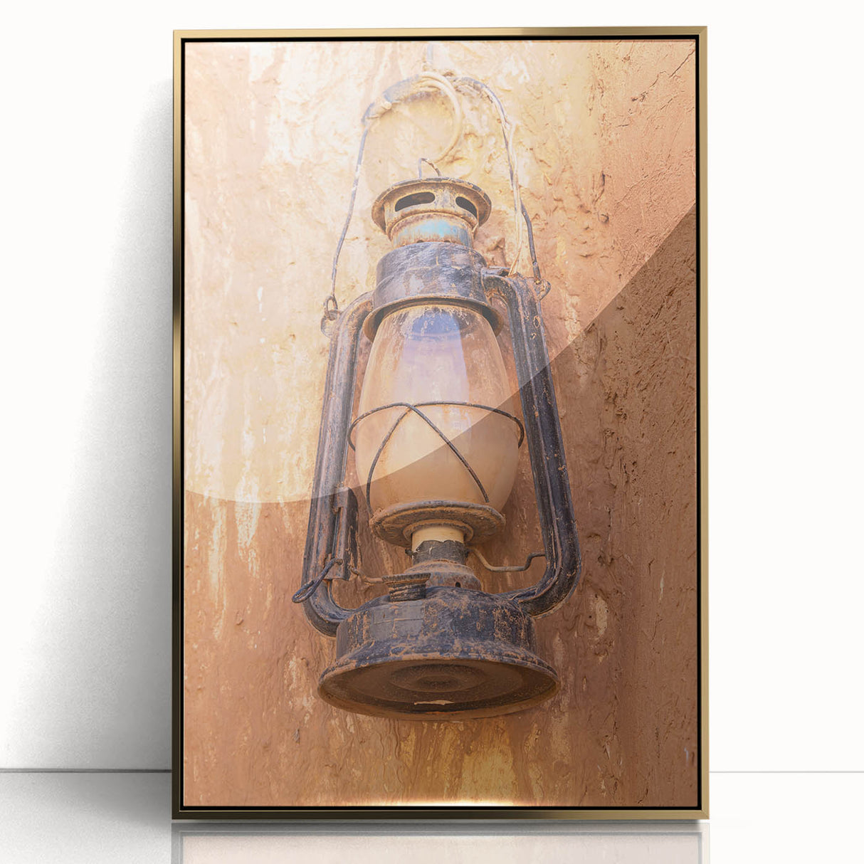 Framed acrylic print of a minimalist Saudi Arabian landscape in gold and beige tones, suitable for modern art wall decor.
