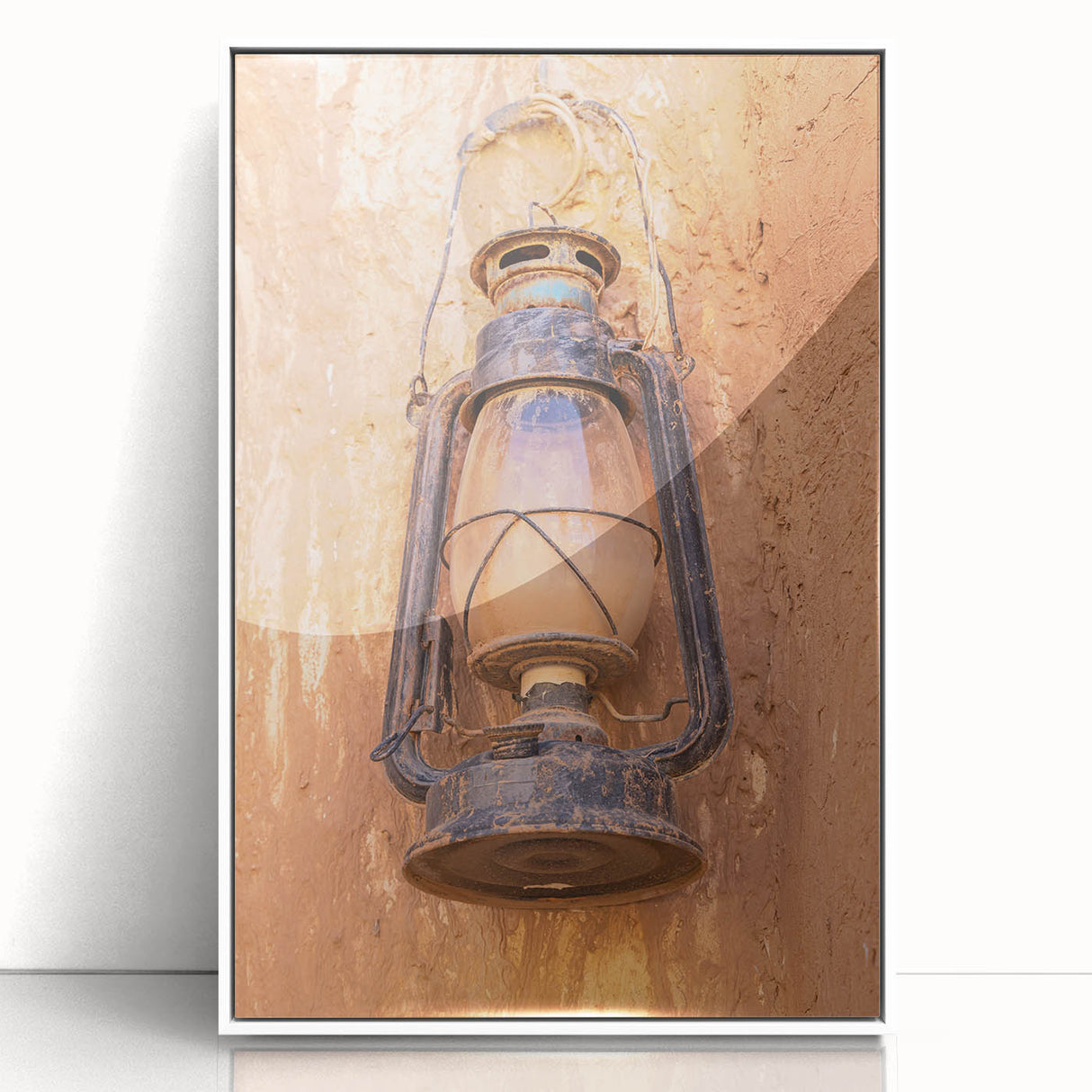 Art deco poster featuring a minimalist Saudi Arabian landscape in pastel shades on a framed acrylic.