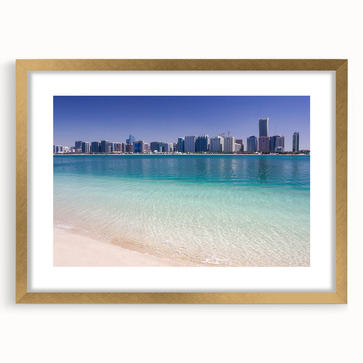 Extra large abstract art print of a textured Abu Dhabi scenery in muted gold tones, framed with a mat.