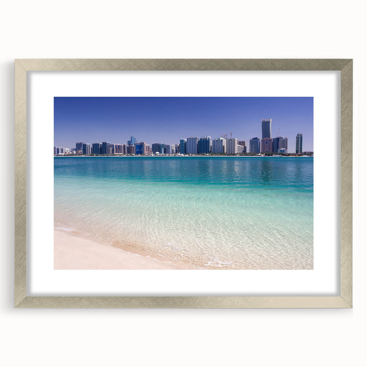 Textured abstract art print of Abu Dhabi skyline in muted silver and gray tones on a framed canvas.