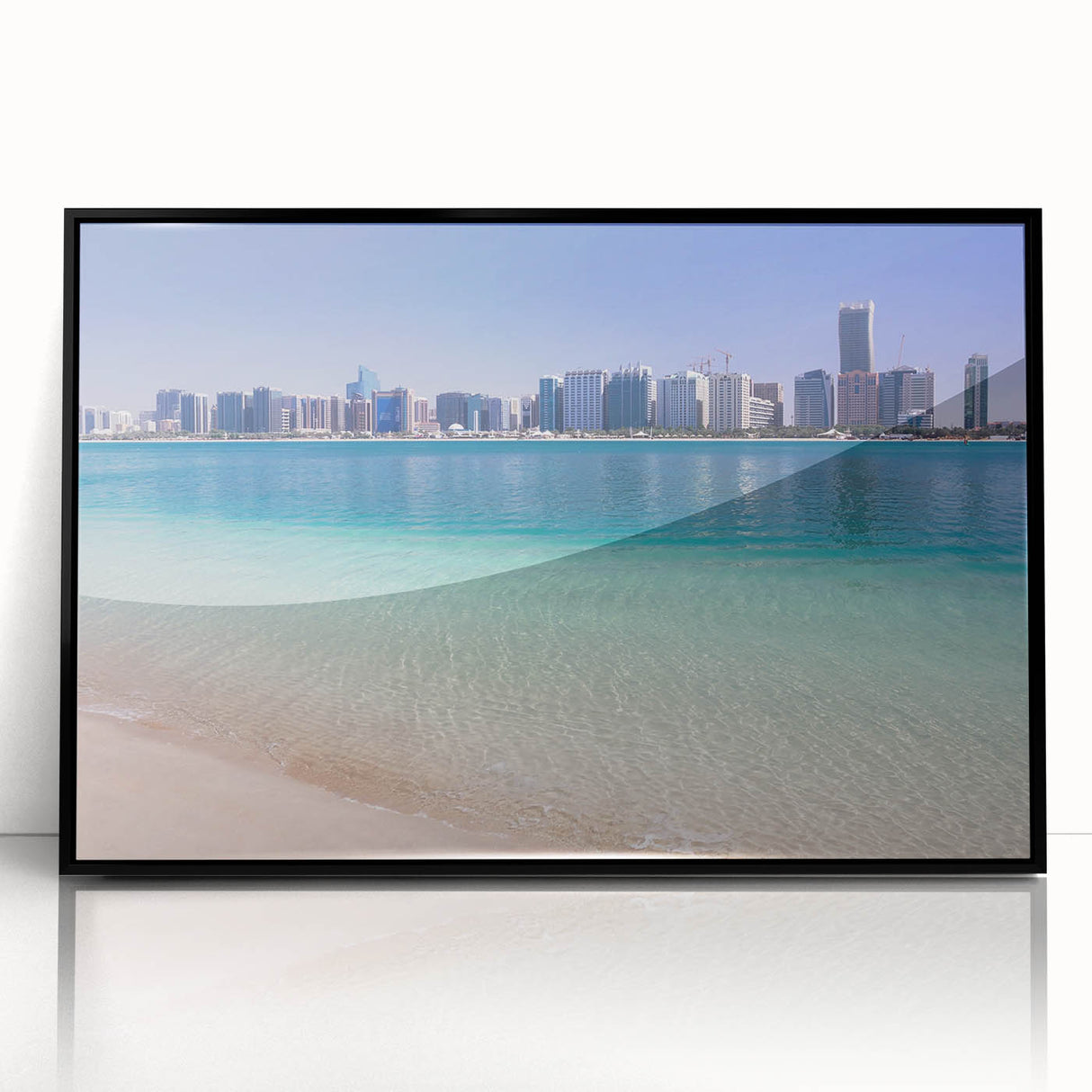 Large abstract wall art depicting the Abu Dhabi skyline in muted gray and blue tones on a framed acrylic.