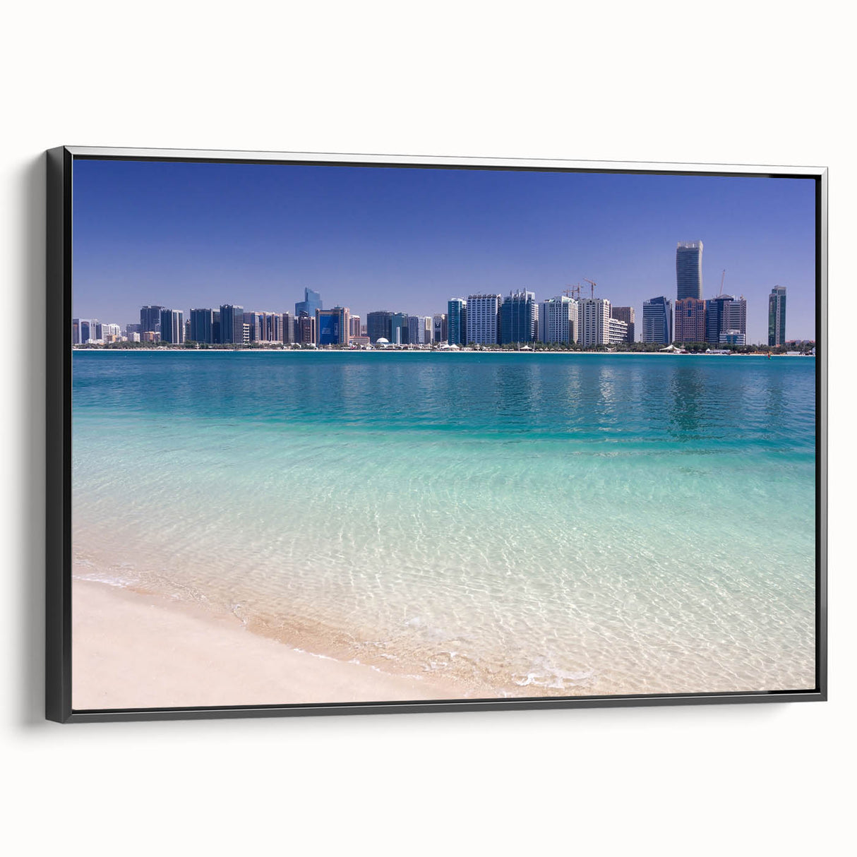 Black and white framed canvas of Abu Dhabi landscape, suitable for bedroom decor, in a vintage poster style.