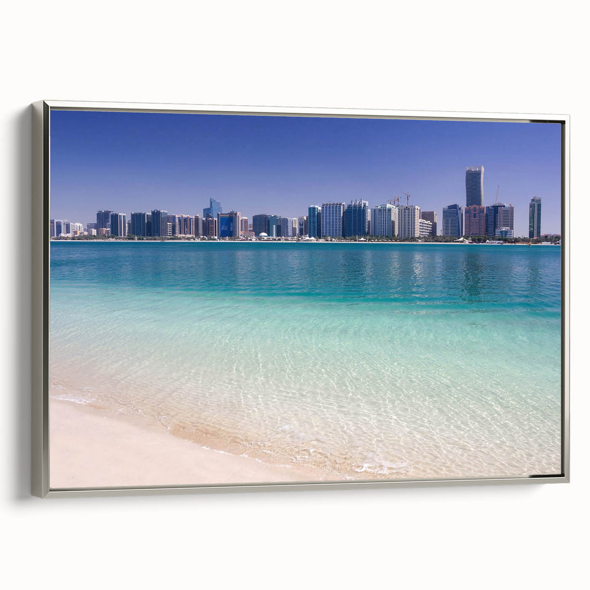 Framed canvas landscape art painting of Abu Dhabi scenery in muted silver and black tones.