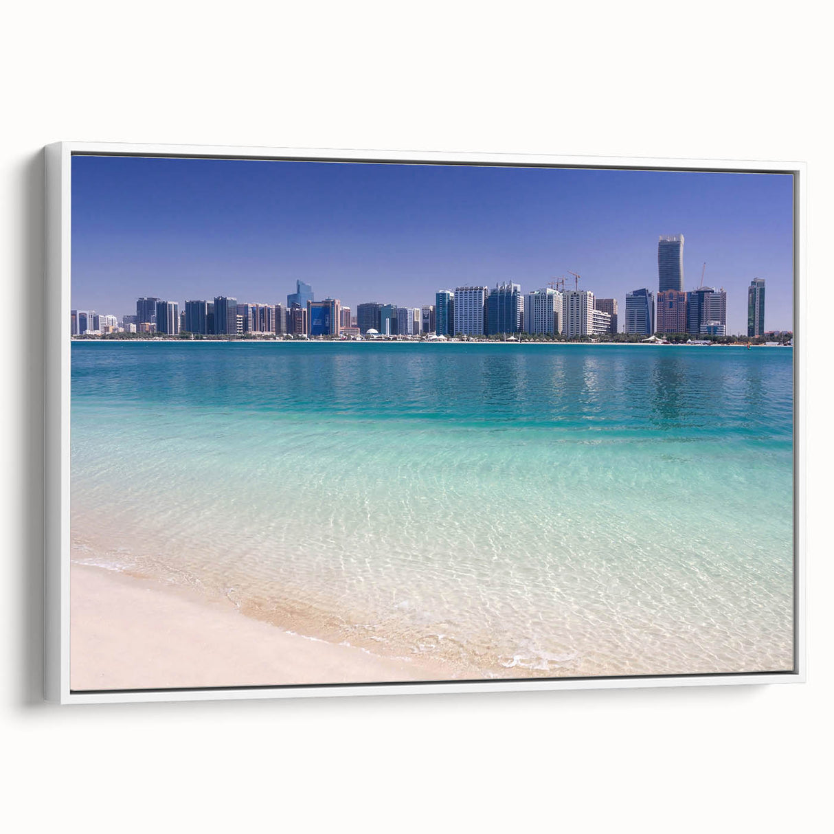 Vintage poster art of Abu Dhabi skyline in vibrant colors on a large framed canvas, suited for living room decor.
