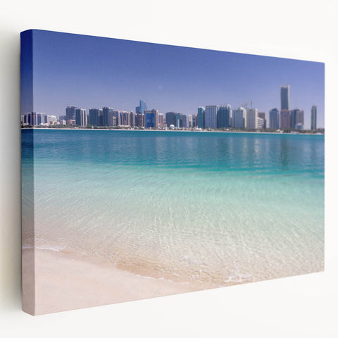 Panoramic view of Abu Dhabi skyline in muted earth tones on a large stretched canvas, suitable for kitchen wall art.