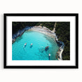 Extra large abstract art print depicting a vibrant, colorful oceanic scene on a textured canvas, framed in black.