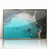 Mid-century modernist art depicting a serene Fiji landscape in pastel colors on a silver-framed acrylic.