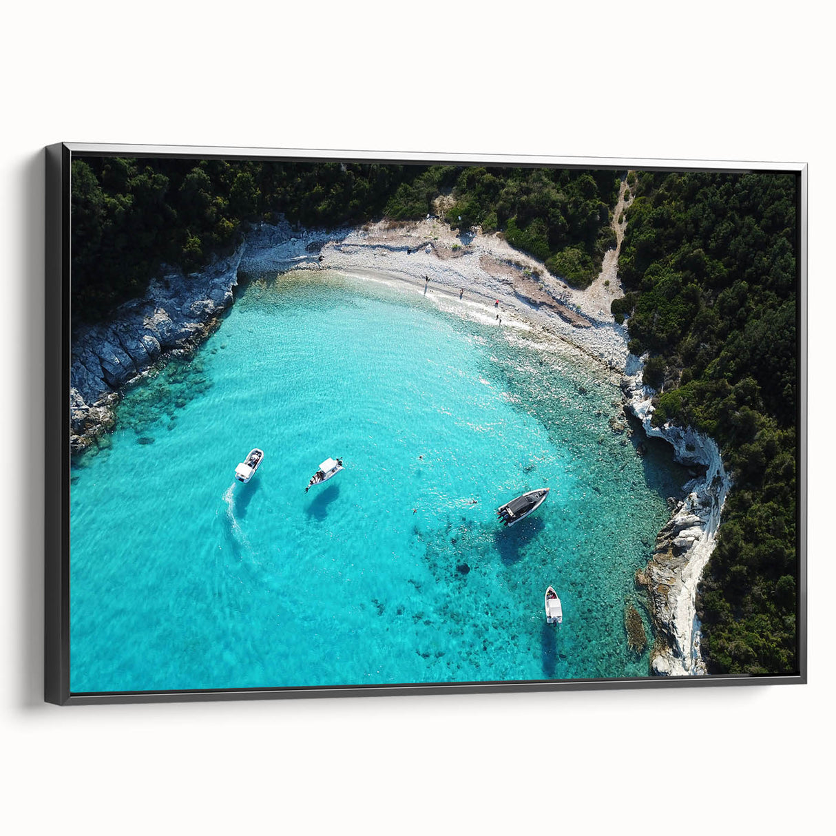 Black and white framed canvas depicting a vintage-style landscape of Oceania, Fiji, ideal for bedroom wall decor.