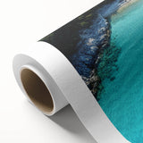 Art Deco style poster of Oceania Fiji scenery on rolled canvas, featuring serene blue and green tones.