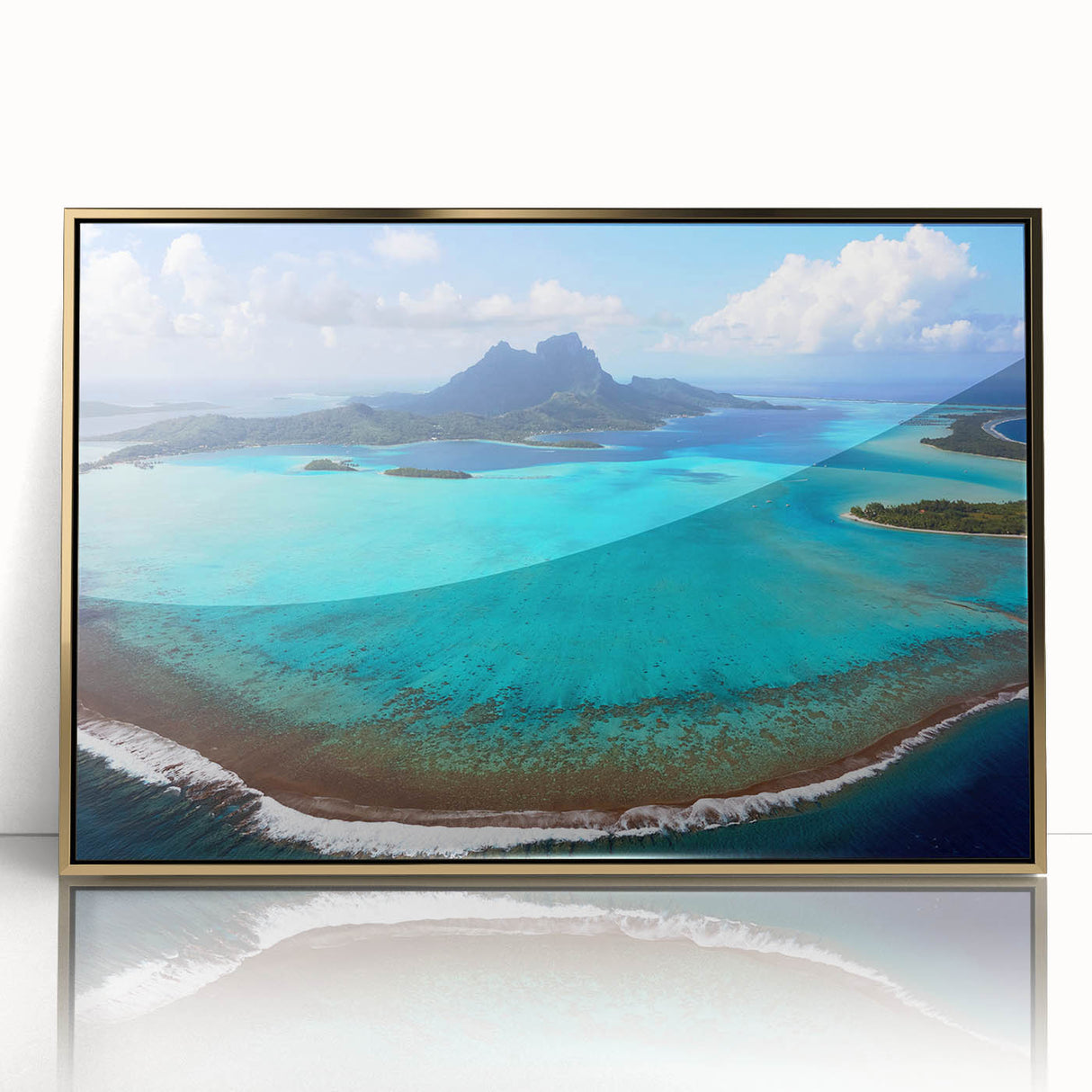 Large art print of Bora Bora scenery in mid-century modernist style, with vibrant blue and green hues.
