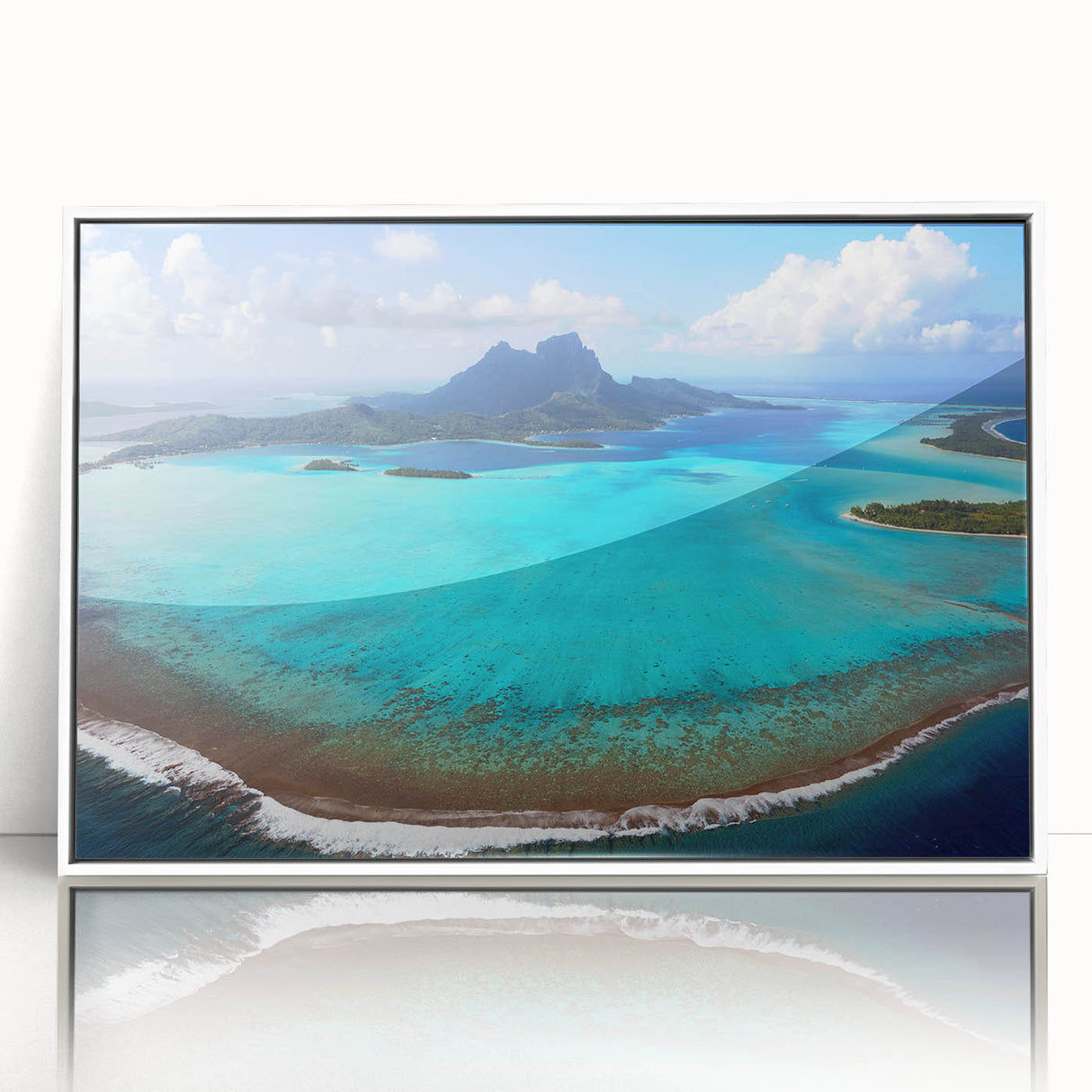 Art deco poster of Bora Bora scenery with muted ocean and sky tones, framed acrylic, ideal for modern nursery wall art.