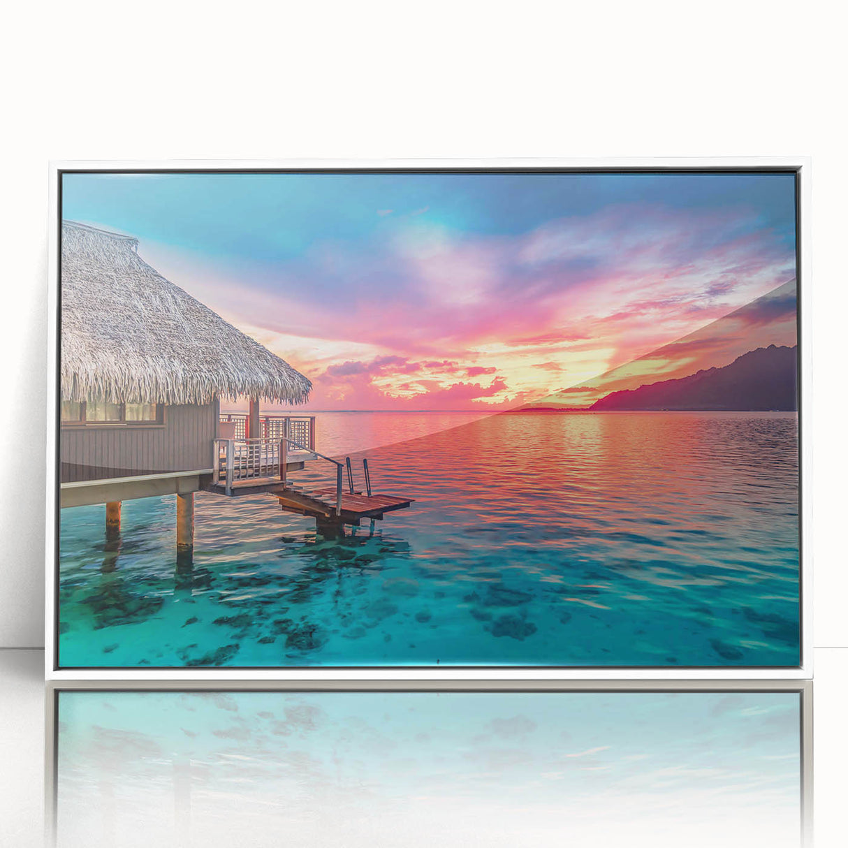 Acrylic framed print of a Tahitian landscape in muted blue and green tones, suitable for modern art wall decor.
