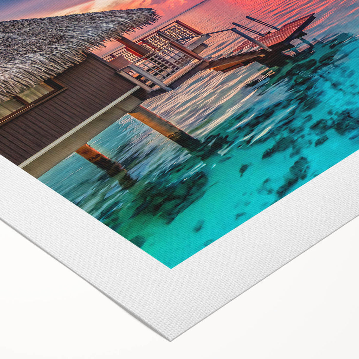 Art deco poster of a Tahitian landscape in muted blue and green tones on rolled canvas.