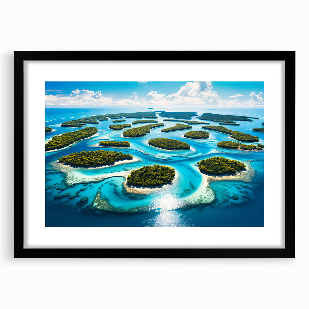 Colorful abstract art print depicting Micronesian scenery on a textured, extra large canvas, framed in black.