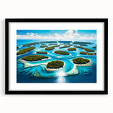 Colorful abstract art print depicting Micronesian scenery on a textured, extra large canvas, framed in black.