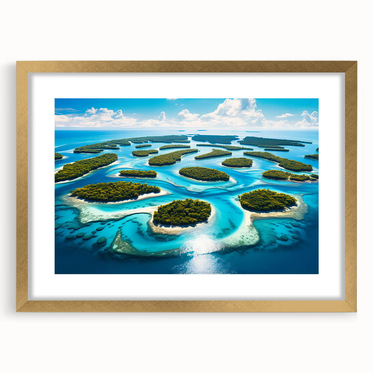 Extra large abstract art print featuring a textured depiction of an oceanic scene in blue and white tones, framed in gold.