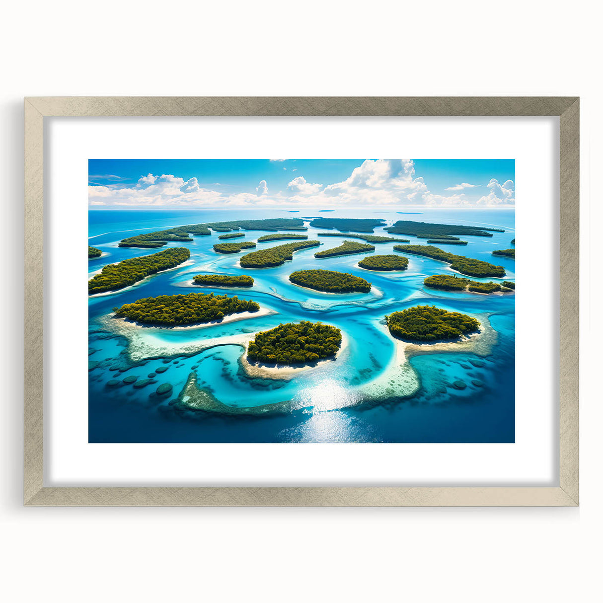 Textured abstract art print of Micronesian scenery in muted blue and green, framed in silver, ideal for bedroom wall decor.