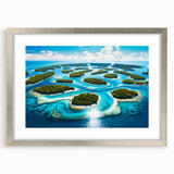 Textured abstract art print of Micronesian scenery in muted blue and green, framed in silver, ideal for bedroom wall decor.