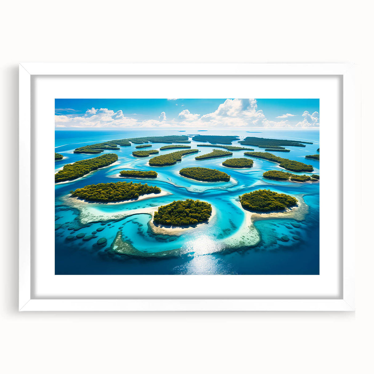 Abstract art print depicting the oceanic scenery of Micronesia in muted blue and green tones, framed in white.