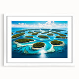 Abstract art print depicting the oceanic scenery of Micronesia in muted blue and green tones, framed in white.