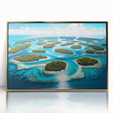 Mid-century modernist art depicting an abstract ocean scene in muted blues and greens on a framed acrylic panel.