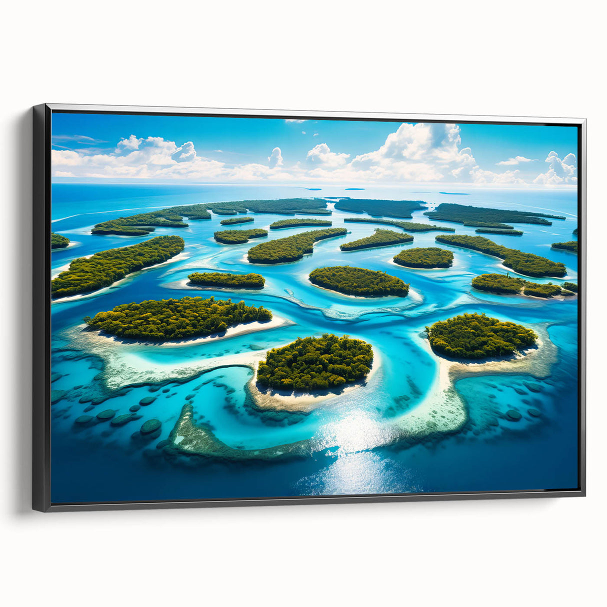 Black and white landscape art painting of Micronesia on framed canvas, ideal for bedroom wall decor.
