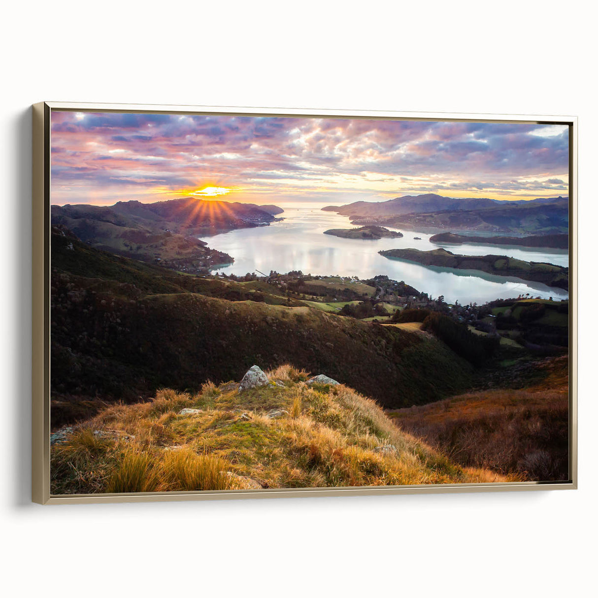 Framed canvas depicting a vintage-style landscape of Canterbury, New Zealand in muted earth tones.