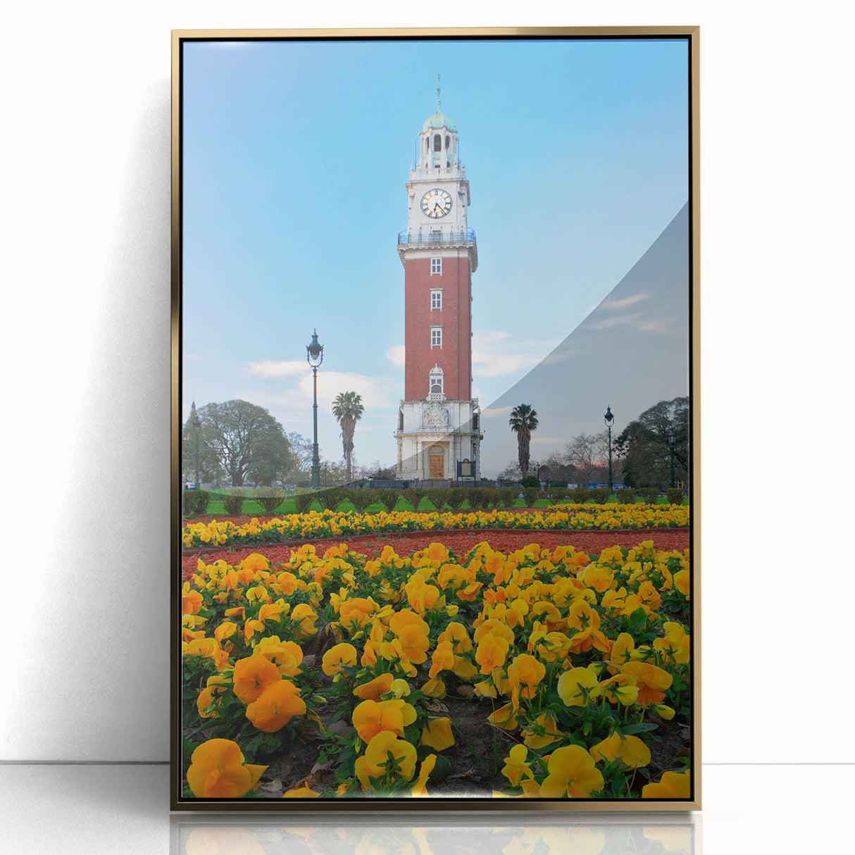 Mid-century modernist art featuring a stylized Buenos Aires cityscape in muted gold tones on a framed acrylic print.